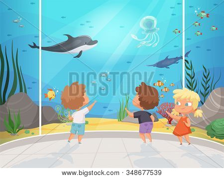 Kids In Aquarium. Childrens With Teacher In Big Water Museum Underwater Different Fishes Ocean Fauna