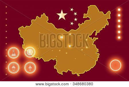 Infographic Map Of China, Flag. Icons Of Man And Woman, Exclamation Mark Of Danger And Sign Of Medic