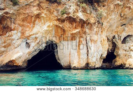 Caves In The Infreschi Bay From The Sea, Camerota, Campania, Italy
