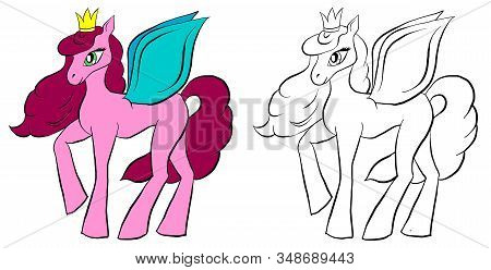 Vector Isolated Pony. Coloring Of Pony. Colored Pink Cartoon Horse. Coloring And Colorful Pony.