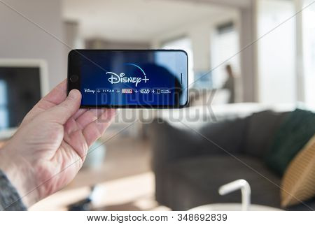 Amsterdam, The Netherlands, 02/03/2020, Disney+ Startscreen On  Mobile Phone. Disney+ Online Video, 