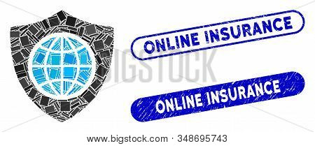 Mosaic Global Shield And Corroded Stamp Seals With Online Insurance Text. Mosaic Vector Global Shiel