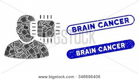 Collage Neuro Interface And Rubber Stamp Seals With Brain Cancer Phrase. Mosaic Vector Neuro Interfa