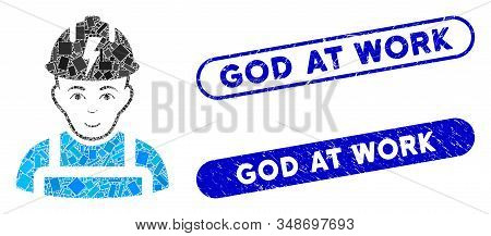 Mosaic Electrician And Grunge Stamp Seals With God At Work Text. Mosaic Vector Electrician Is Formed
