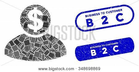 Mosaic Banker And Corroded Stamp Seals With Business To Customer B 2 C Text. Mosaic Vector Banker Is