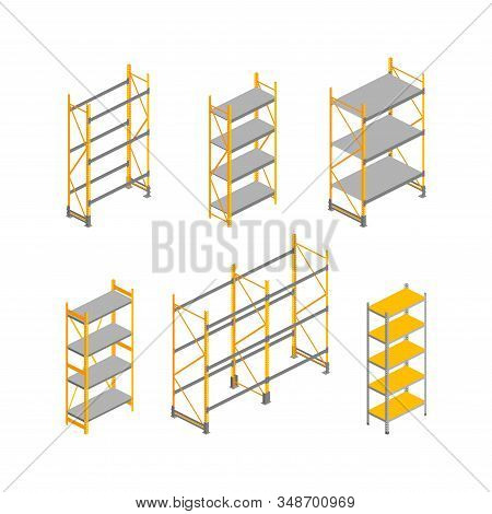 Isometric Empty Warehouse Shelves Set Isolated On White. 3d Metallic Rack. Storage Equipment Vector 