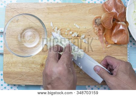 Chef Cuttng Onion Before Cooking / Cooking Coleslaw Concepted