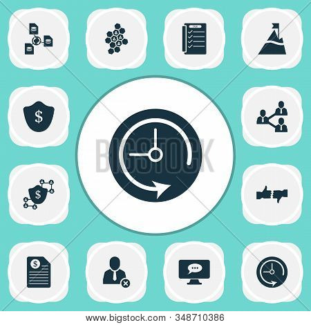 Job Icons Set With Mountain With Flag, Tasklist, Team Honeycomb And Other Peak Elements. Isolated Ve