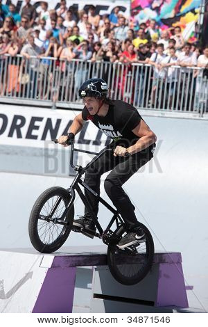 MOSCOW, RUSSIA - JULY 8: Maxim Chuprina, Russia, in BMX competitions during Adrenalin Games in Moscow, Russia at July 8, 2012