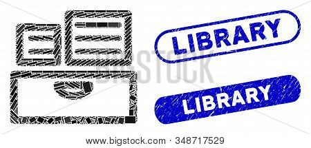 Mosaic Library Catalog And Rubber Stamp Seals With Library Text. Mosaic Vector Library Catalog Is Fo