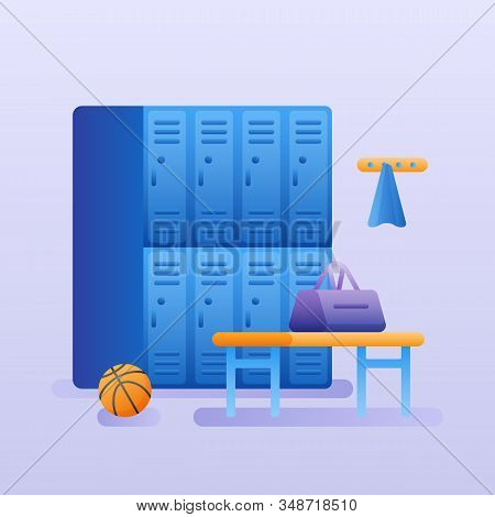 Gym Locker Or Changing Room Interior. Fitness Club Dressing Room Vector Illustration.