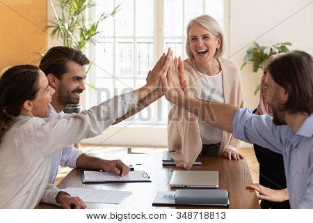 Overjoyed Multiethnic Colleagues Give High Five Celebrate Success