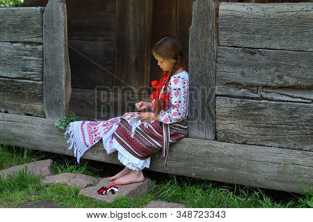 Girl Embroidery Rushnik.hands Of Girl Woman Female In Ukrainian Traditional Shirt Sewing Embroidery 