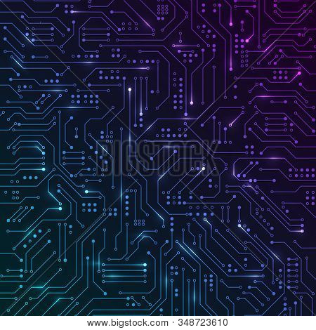 Circuit. Bright Tracks And Connections On The Computer Board. Hardwere Abstract Texture. Technology 