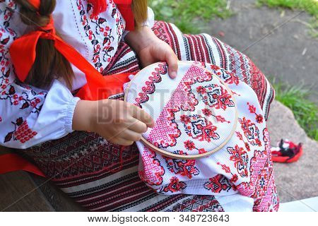Girl Embroidery Rushnik.hands Of Girl Woman Female In Ukrainian Traditional Shirt Sewing Embroidery 