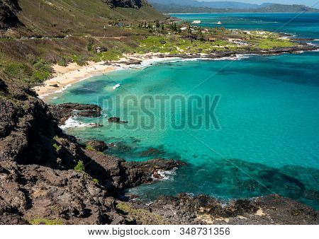 View Down The East Coastline Of Oahu Over Makapuu Beach Towards Makai Pier