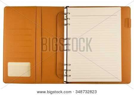 Top View Of Open Light Brown Leather Agenda Notebook With Blank Lined Pages And Business Card Placeh