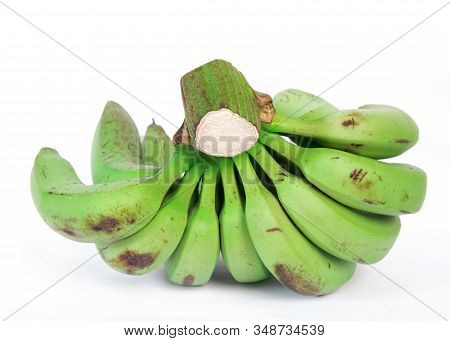 Back View Of Asian Green Banana Bundle Isolated On White Background