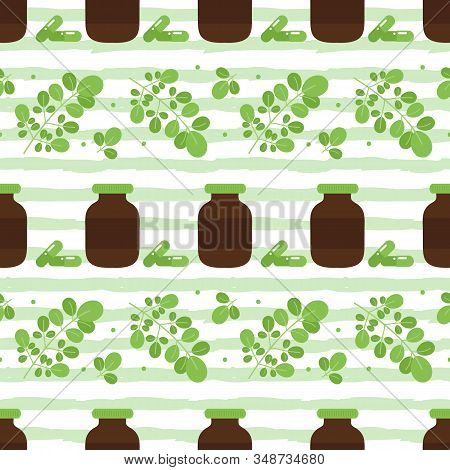 Striped Seamless Pattern Backgrond Moringa Oleifera Leaves, Food Supplement, Pills.