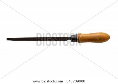 Old Tools. Trihedral Rasp With Wooden Handle Isolated On A White Background.