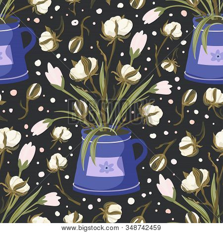Cotton Flower Vintage Vector Seamless Pattern. Fluffy Gentle Hand Drawn Floral Branch Design. Botany