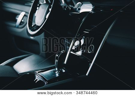 Premium Car Interior.  Black Leather Interior Suv.  Multifunction Steering Wheel And Gearbox, Climat