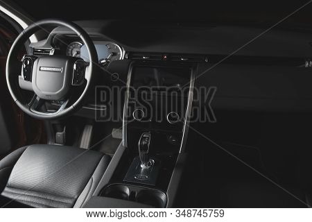 Moscow, Russia - December 20, 2019: Black Leather Interior Of Premium England Suv. Land Rover Discov