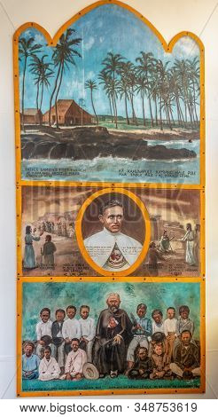 Kalapana, Hawaii, Usa. - January 14, 2020: Mary, Star Of The Sea Catholic Church. Painting Of Father