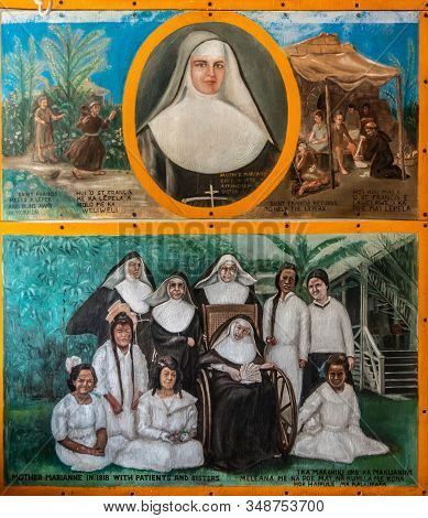 Kalapana, Hawaii, Usa. - January 14, 2020: Mary, Star Of The Sea Catholic Church. Painting Of Nun Sa