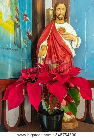 Kalapana, Hawaii, Usa. - January 14, 2020: Mary, Star Of The Sea Catholic Church. Closeup Of Sacred 