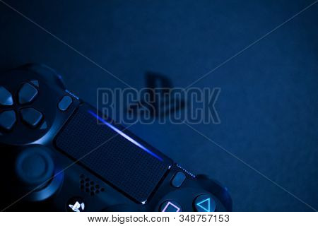 Russia, Oktober 24 2019: Ps4 Console Background. Playstation 4 Controllers. Sony Gaming Console - Im