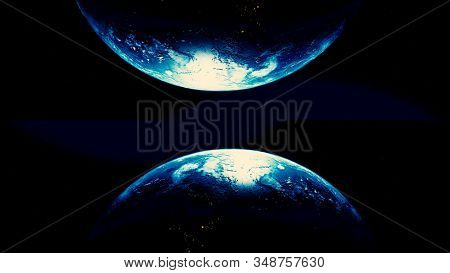 Abstract Breathtaking Cosmic Background With The Two Halves Of Planet Earth, Seamless Loop. Animatio