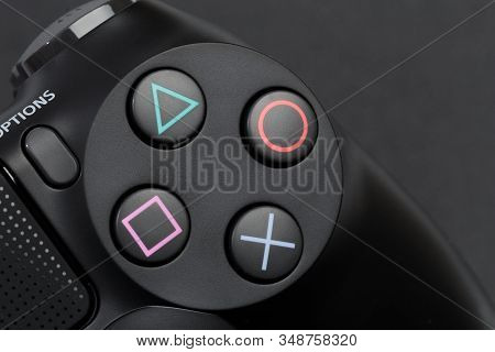 Russia, Oktober 24 2019: The New Sony Dualshock 4 With Playstation 4. Sony Playstation 4 Game Consol