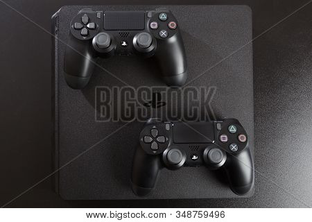 Russia, Oktober 24 2019: The New Sony Dualshock 4 With Playstation 4. Sony Playstation 4 Game Consol