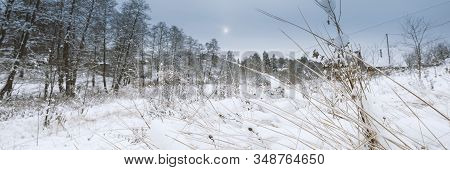 Blue Sky With Snow Field. Great Background With Copyspace. Winter And Snow Landscape. Stock Photo.
