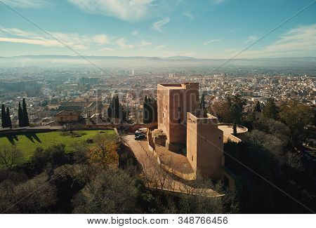 Aerial Picturesque Drone Point Of View Granada Castle Surrounding Lands And Cityscape, Alhambra Or R