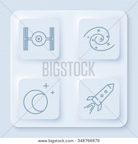 Set Line Cosmic Ship, Black Hole, Moon And Stars And Rocket Ship With Fire. White Square Button. Vec