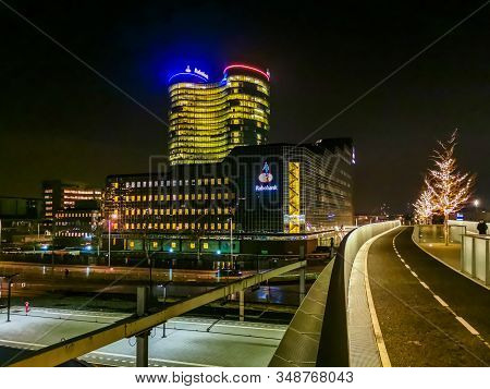 Big Lighted Rabobank Building By Night In Utrecht City, The Netherlands, 23 January, 2020