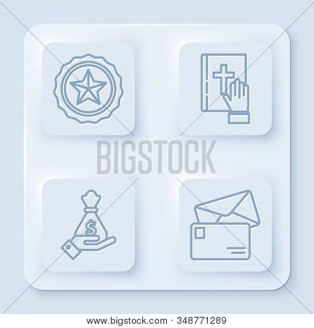 Set Line Police Badge, Oath On The Holy Bible, Hand Holding Money Bag And Envelope. White Square But
