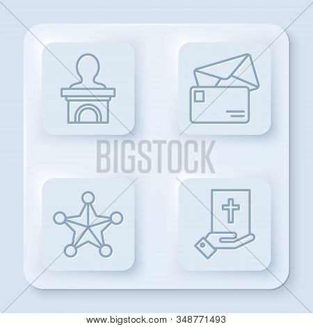 Set Line Stage Stand Or Debate Podium Rostrum, Envelope, Hexagram Sheriff And Oath On The Holy Bible
