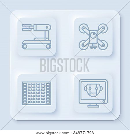 Set Line Robot, Drone Flying With Action Camera, Printed Circuit Board Pcb And Bot. White Square But