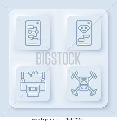 Set Line Algorithm, Bot, Assembly Line And Drone Flying With Action Camera. White Square Button. Vec