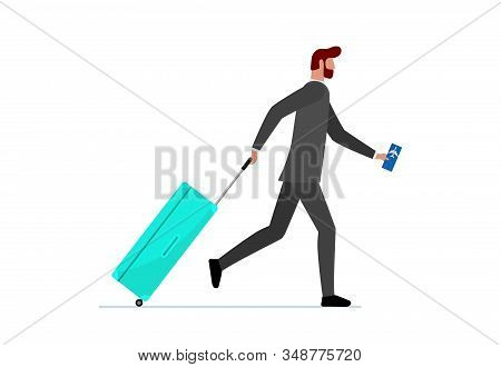 Businessman Running With Suitcase And Flight Ticket. Hurrying Male With Luggage Bag Rushing Boarding