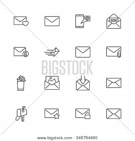 Mail, Envelope, Letter Outline Icons Set - Black Symbol On White Background. Mail, Envelope, Letter 