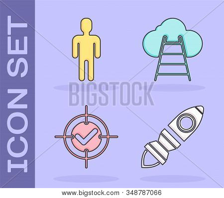 Set Rocket Ship With Fire, User Of Man In Business Suit, Target And Check Mark And Ladder Leading To