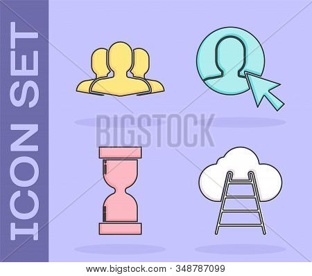 Set Ladder Leading To Cloud, Users Group, Old Hourglass With Flowing Sand And User Of Man In Busines