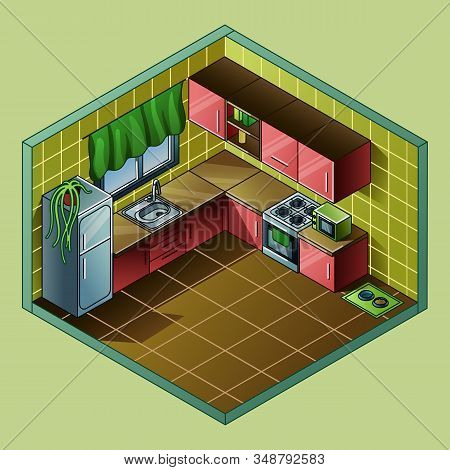 Kitchen Room Interior Design In Red And 
Green Shades. Vector Isometric Interior Design.