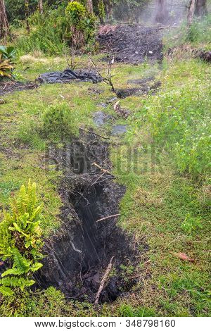 Leilani Estate, Hawaii, Usa. - January 14, 2020: Devastation In Parts Untouched By 2018 Lava. Black 