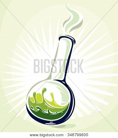 Chemical Glass Flask With Reaction Vector Illustration Isolated On White, Chemistry Science Object.