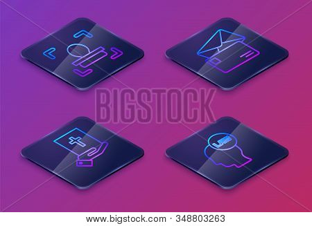 Set Isometric Line Face Recognition, Oath On The Holy Bible, Envelope And Head With Law. Blue Square